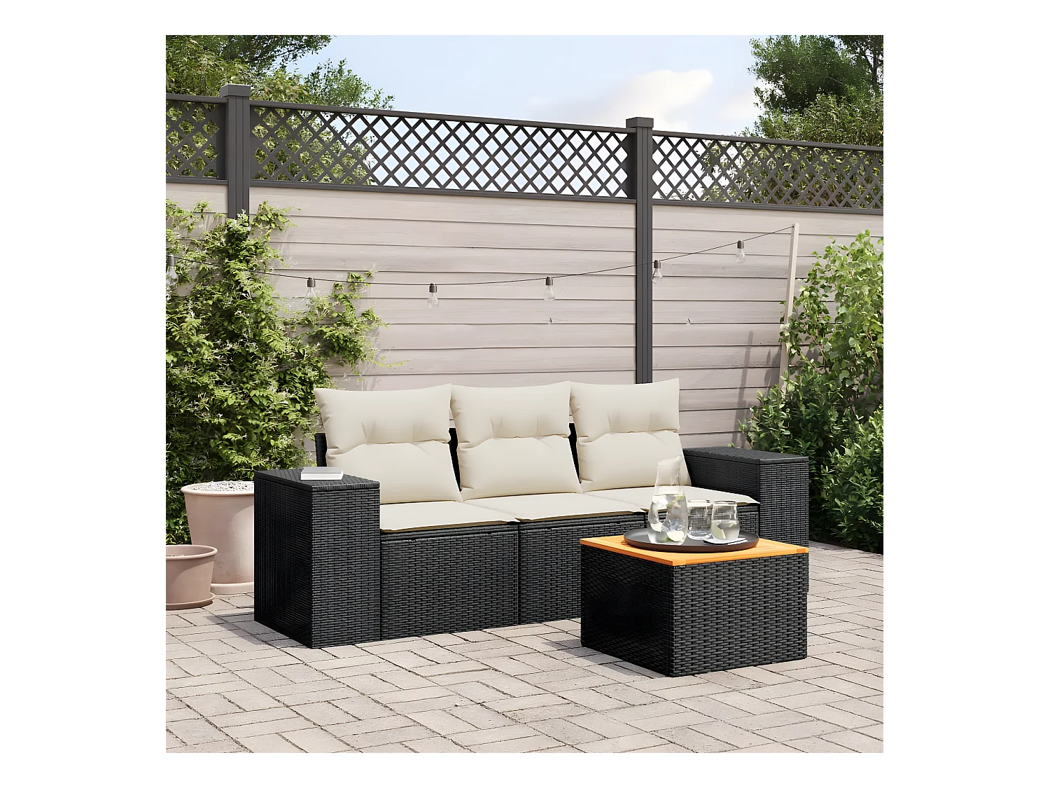 Salon de jardin 4 pcs avec coussins noir résine tressée