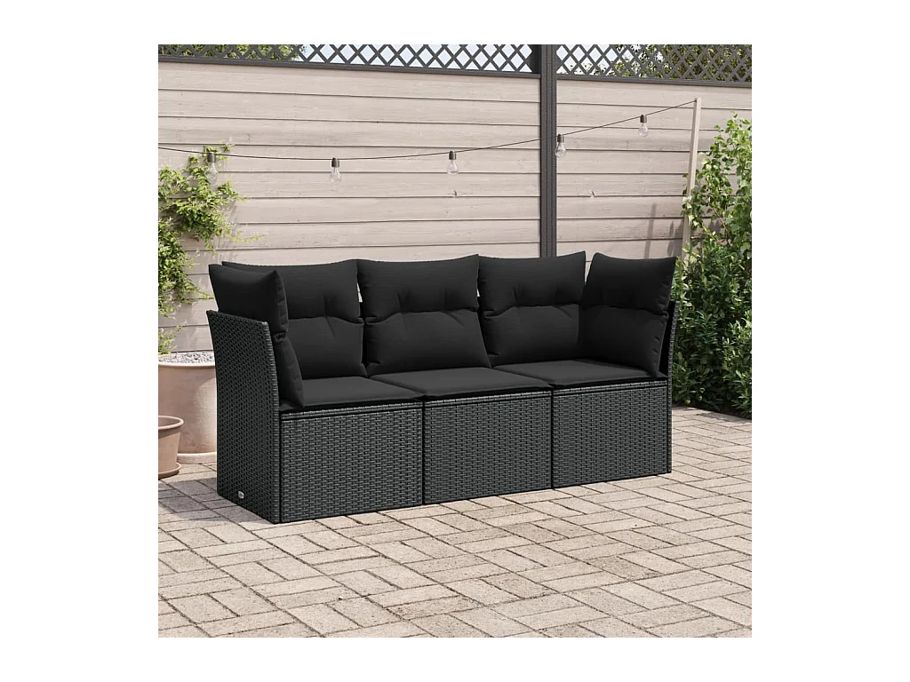 Salon de jardin 3 pcs avec coussins noir résine tressée
