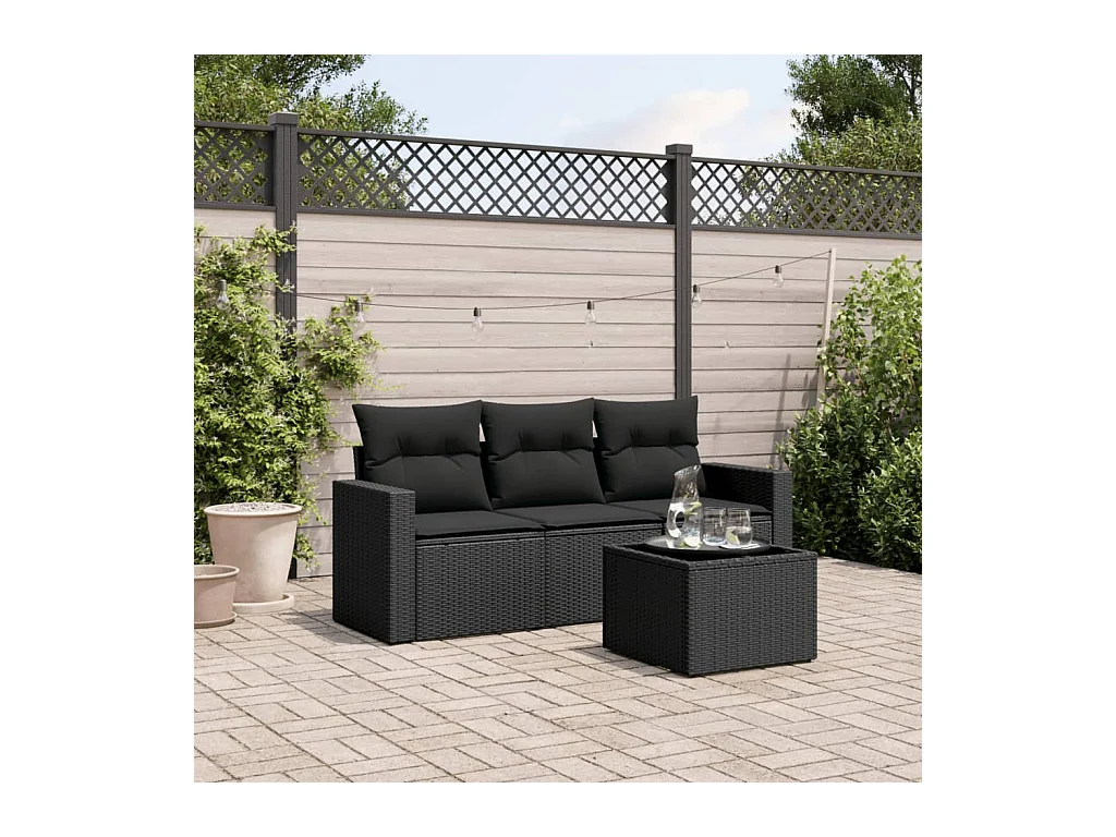 Set Divani da Giardino 4 pz con Cuscini Nero in Polyrattan