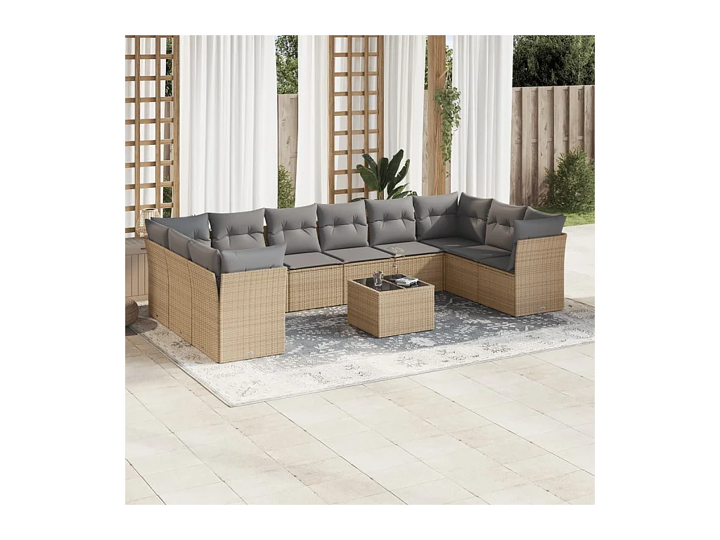 Salon de jardin 11 pcs avec coussins beige résine tressée