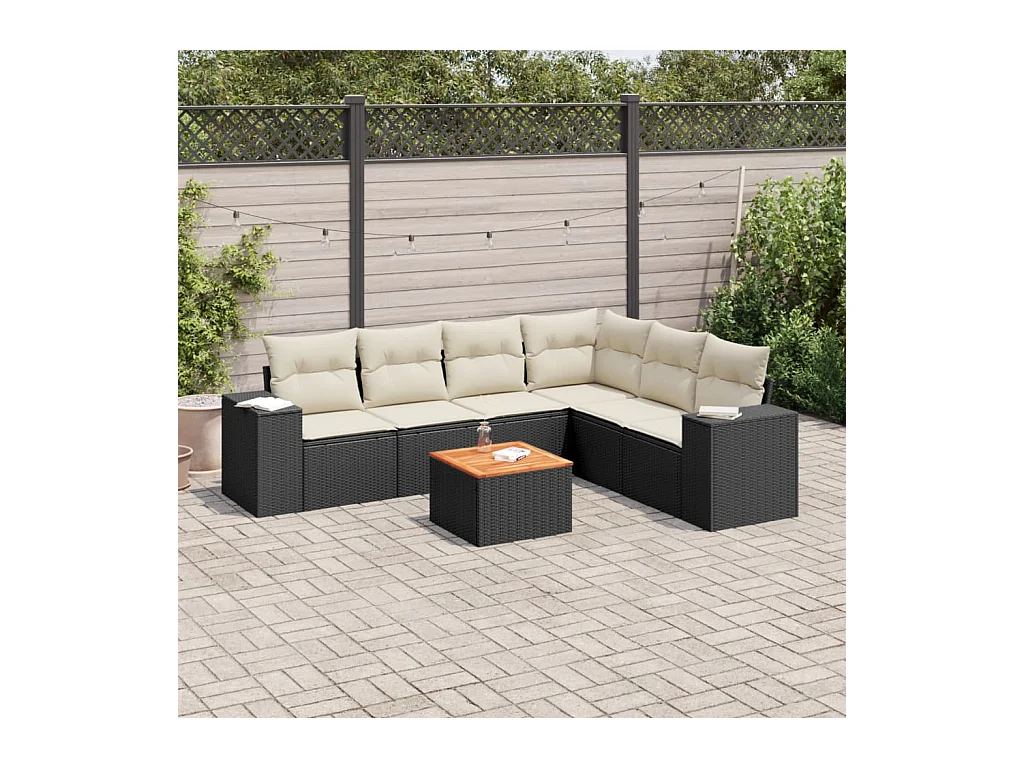 Salon de jardin 7 pcs avec coussins noir résine tressée