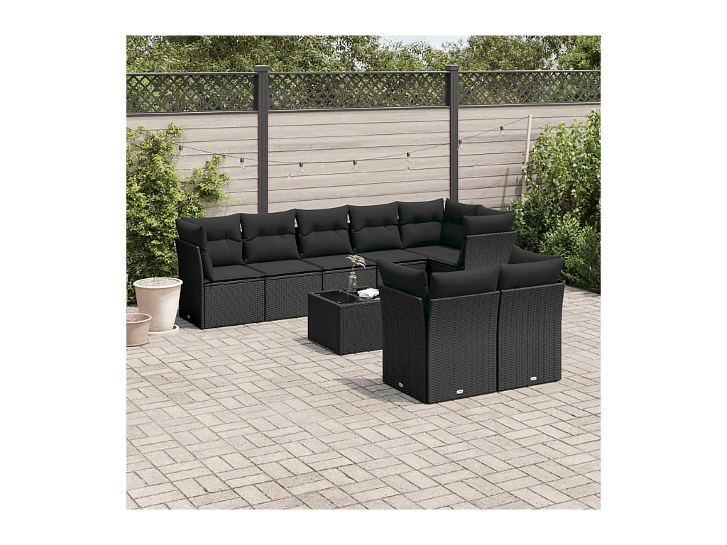 Set Divani da Giardino 9 pz con Cuscini Nero in Polyrattan