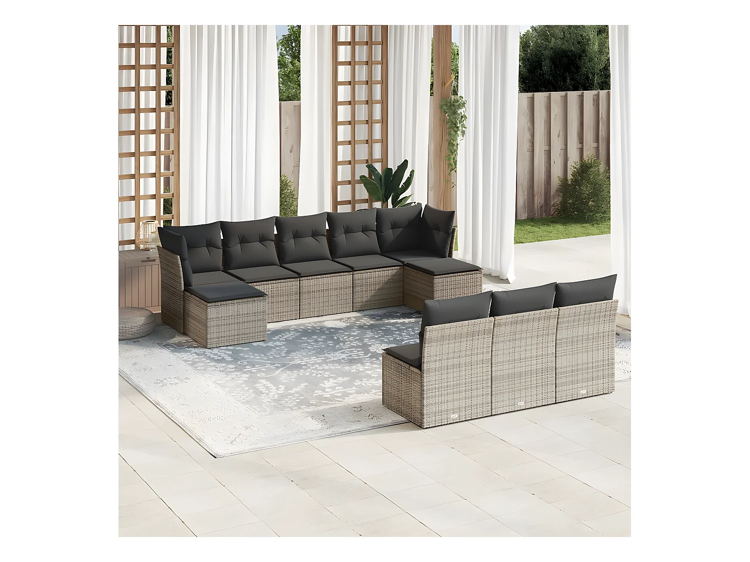 10-delige Loungeset met kussens poly rattan grijs