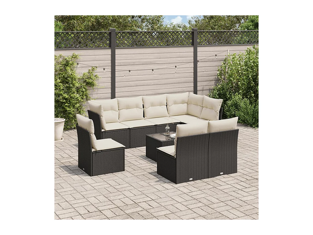 9-tlg. Garten-Sofagarnitur mit Kissen Schwarz Poly Rattan