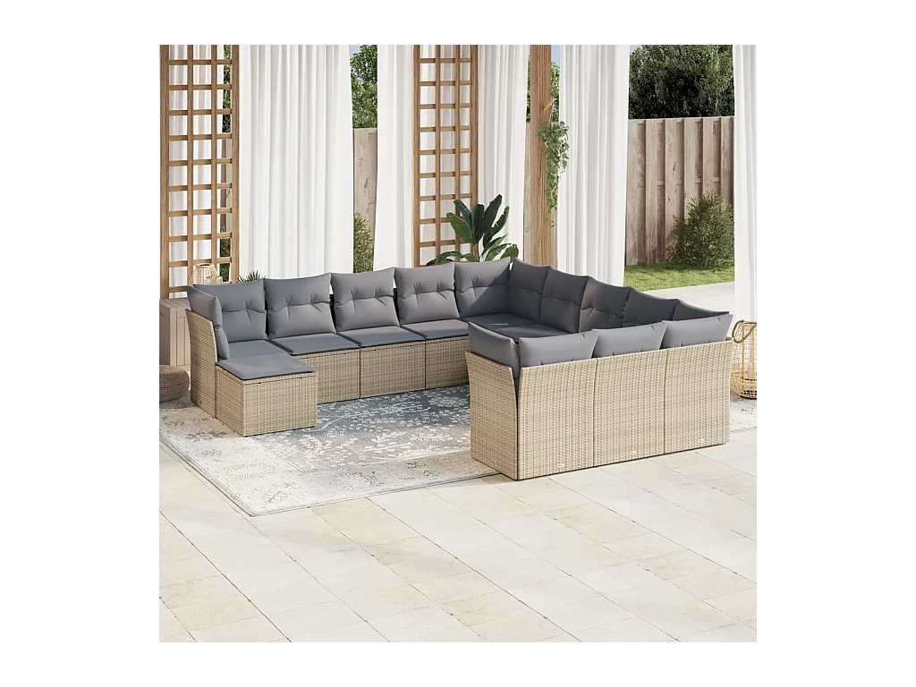 12-delige Loungeset met kussens poly rattan beige