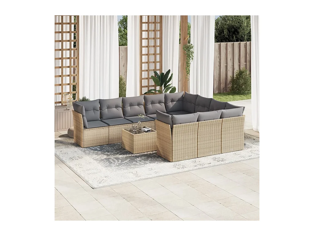 Set Divani da Giardino 11 pz con Cuscini Beige in Polyrattan