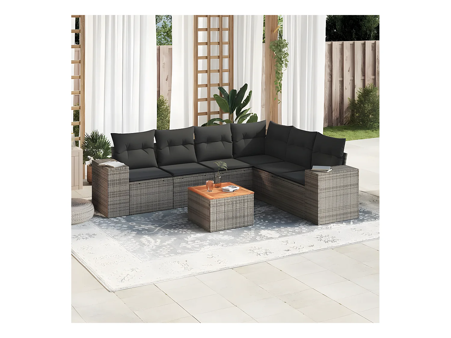 Set Divani da Giardino 7 pz con Cuscini Grigio in Polyrattan
