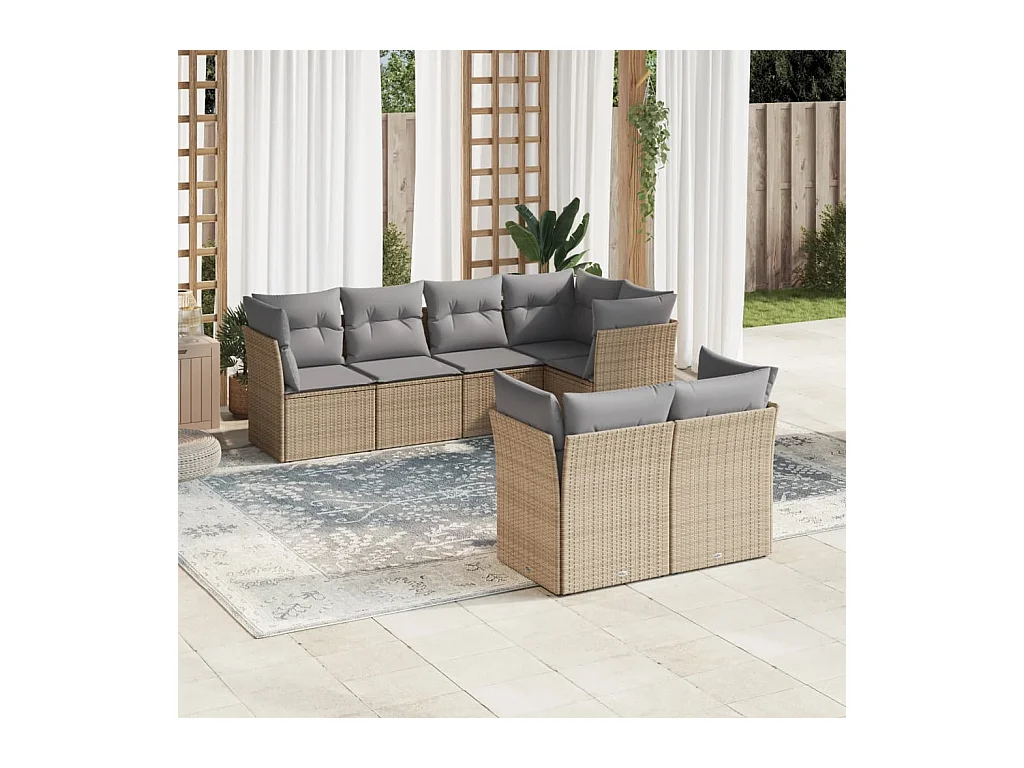 Salon de jardin avec coussins 7 pcs beige résine tressée