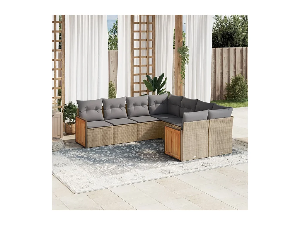 8 pcs conjunto de sofás p/ jardim com almofadões vime PE bege