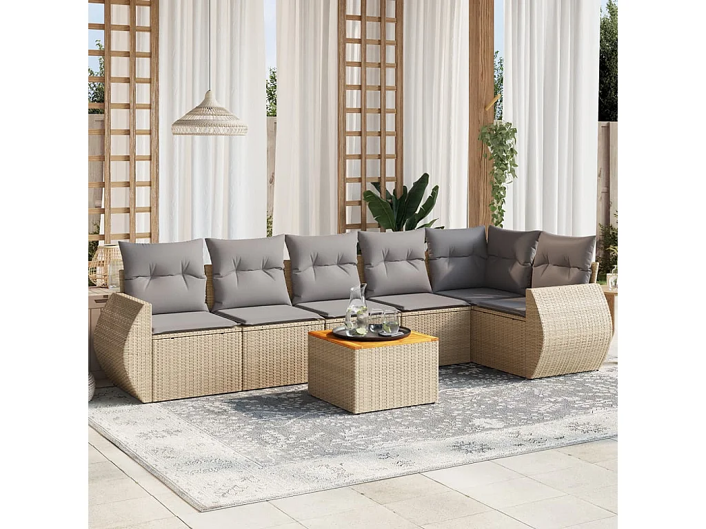 Set Divani da Giardino 7 pz con Cuscini Beige in Polyrattan