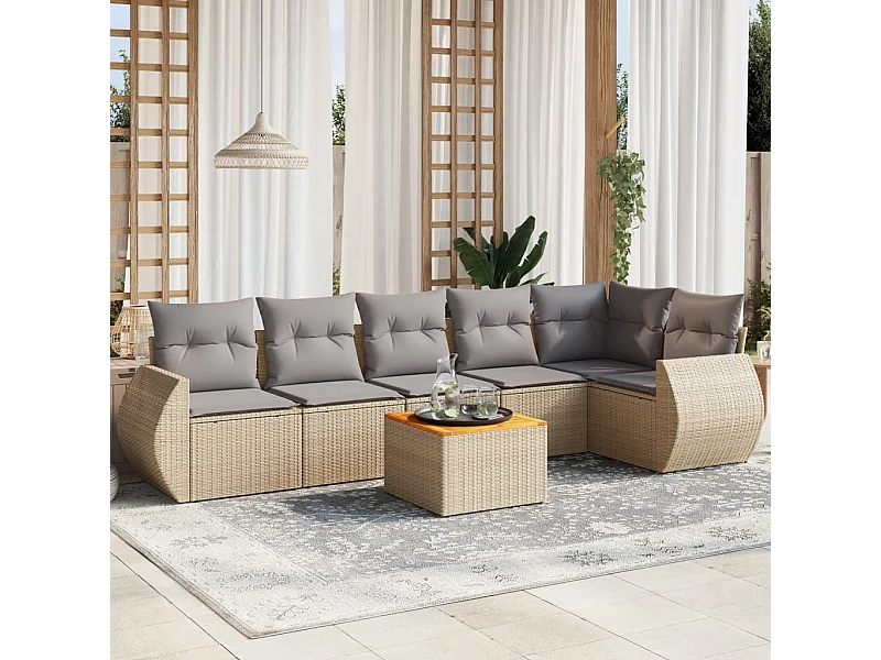 Set Divani da Giardino 7 pz con Cuscini Beige in Polyrattan