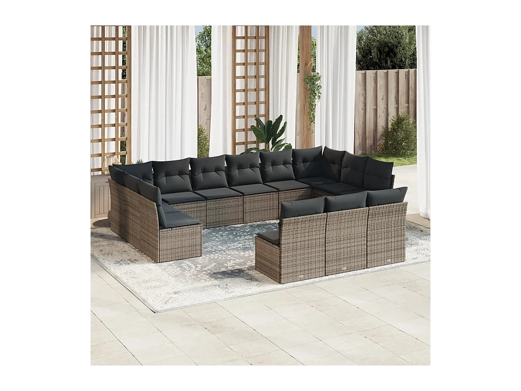 Salon de jardin avec coussins 13 pcs gris résine tressée