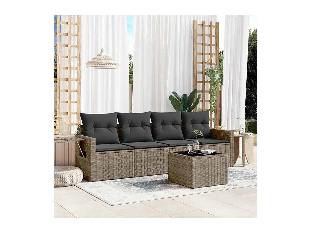 5-delige Loungeset met kussens poly rattan grijs
