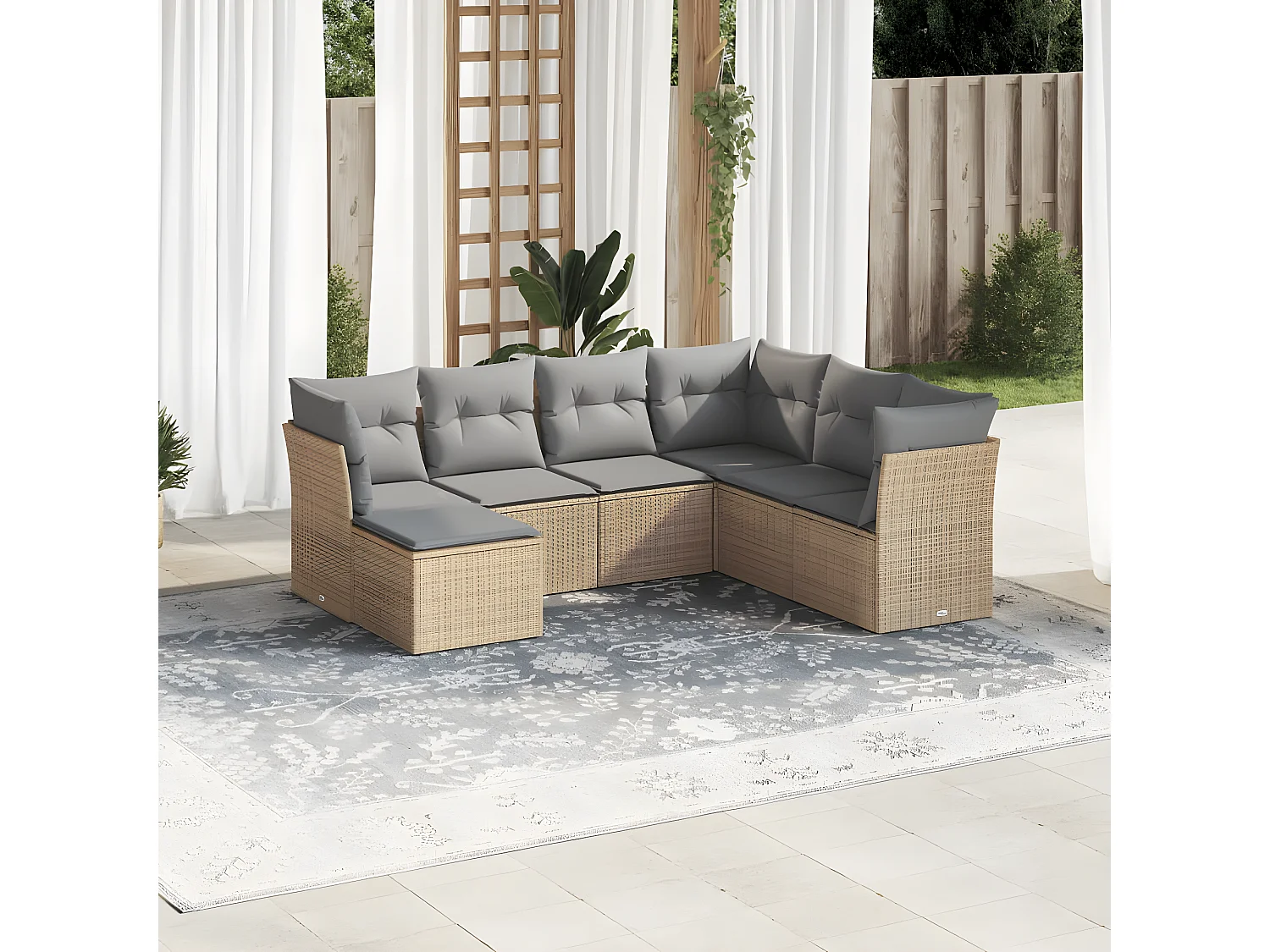 Set Divani da Giardino 7 pz con Cuscini Beige in Polyrattan