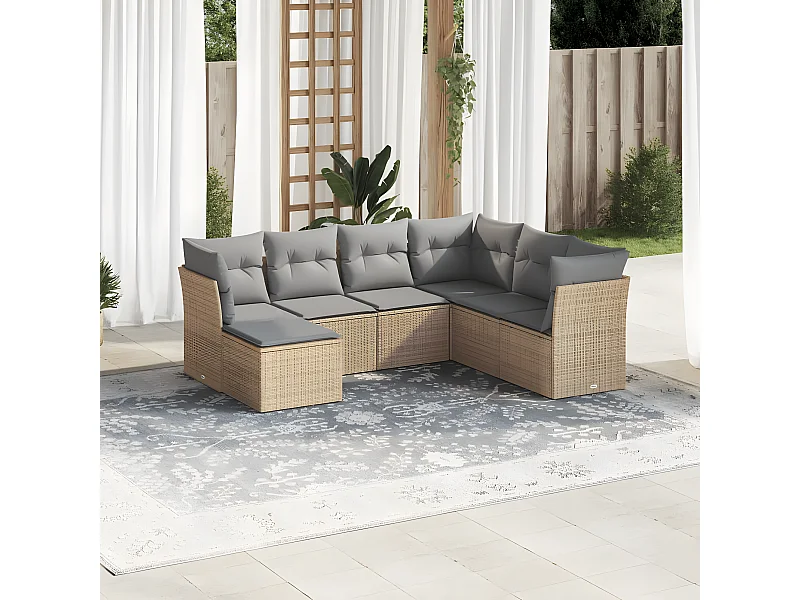 Set Divani da Giardino 7 pz con Cuscini Beige in Polyrattan