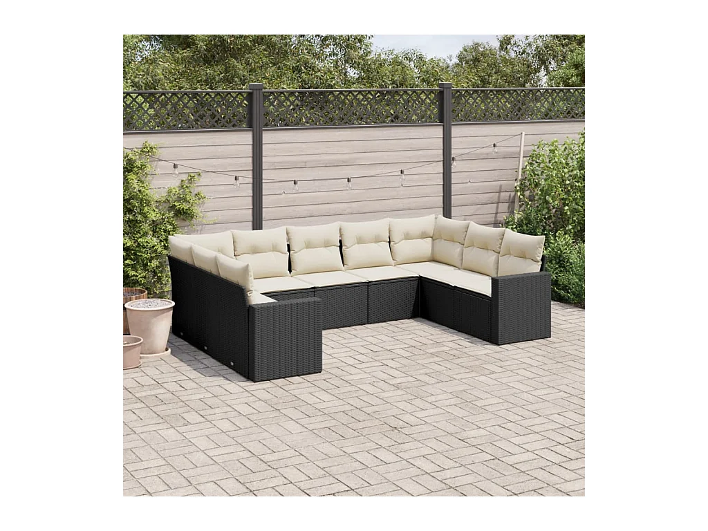 Salon de jardin 9 pcs avec coussins noir résine tressée