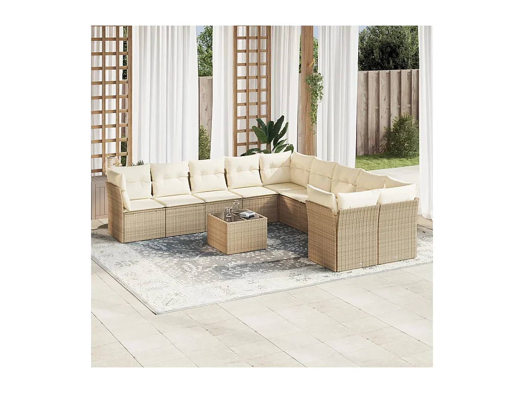 Salon de jardin 11 pcs avec coussins beige résine tressée