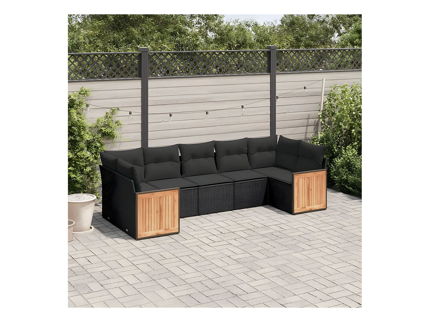 7-delige Loungeset met kussens poly rattan zwart