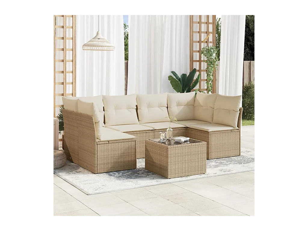 Salon de jardin avec coussins 7 pcs beige résine tressée