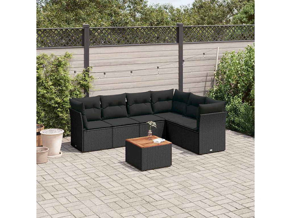 7-tlg. Garten-Sofagarnitur mit Kissen Schwarz Poly Rattan
