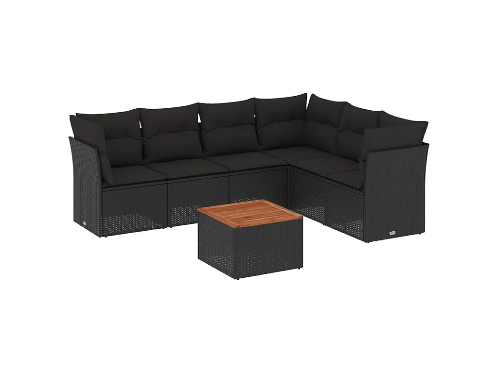 Salon de jardin 7 pcs avec coussins noir résine tressée