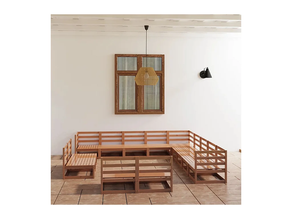 Salon de jardin 13 pcs marron miel bois de pin massif