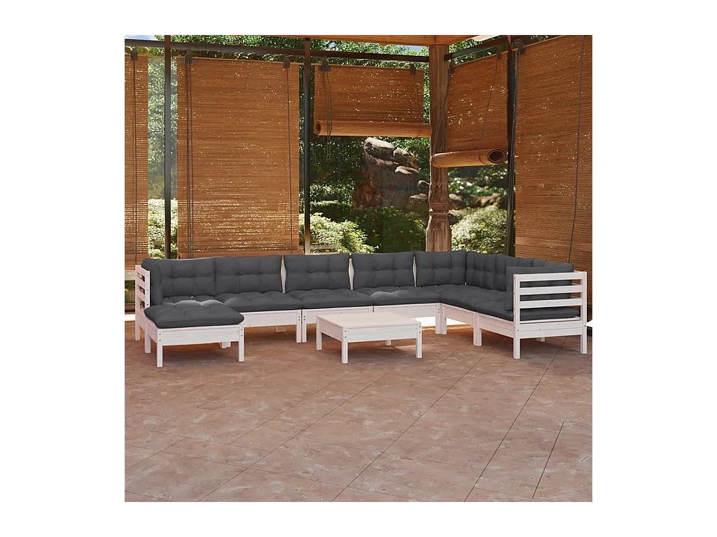 Salon de jardin 9 pcs avec coussins blanc bois de pin massif