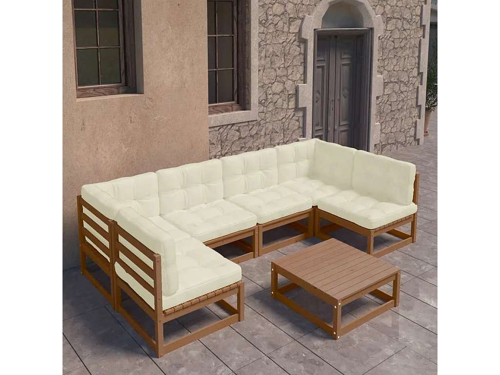 7-delige Loungeset met kussens massief grenenhout honingbruin