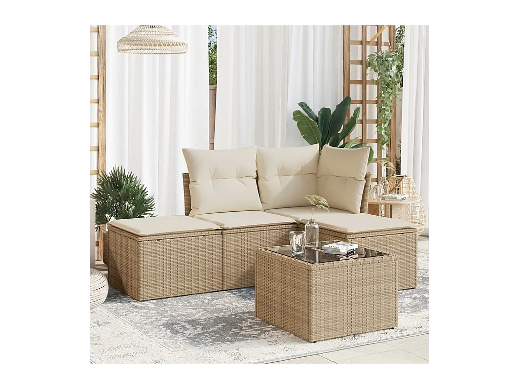 Salon de jardin avec coussins 5 pcs beige résine tressée