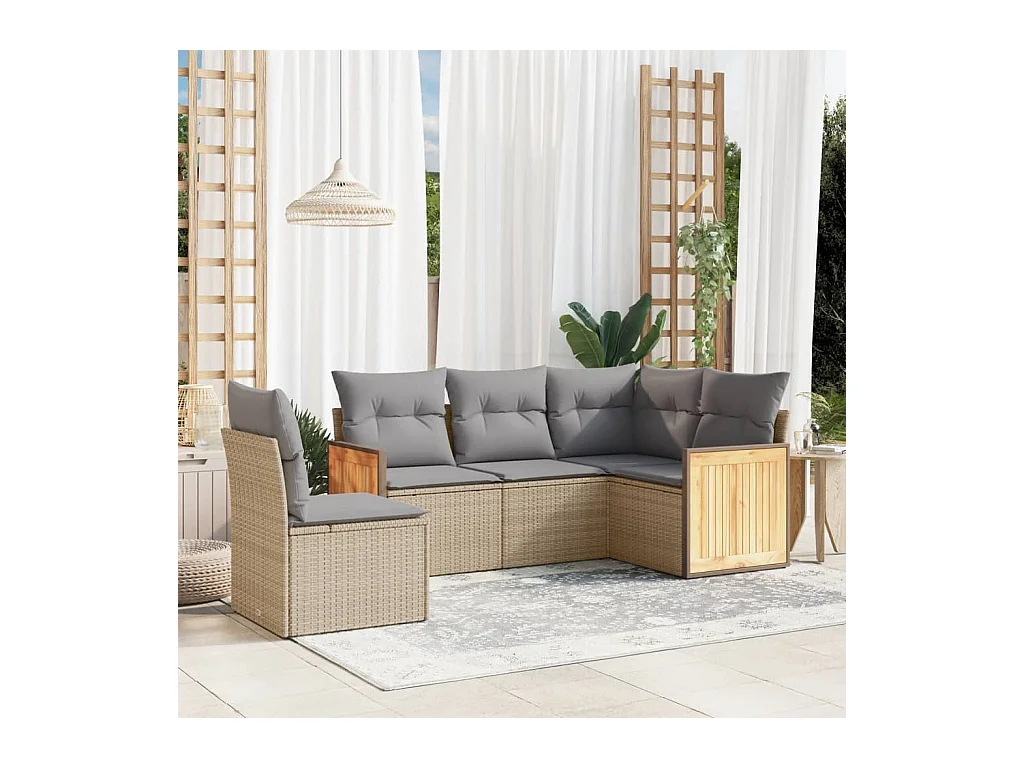 5-tlg. Garten-Sofagarnitur mit Kissen Beige Poly Rattan