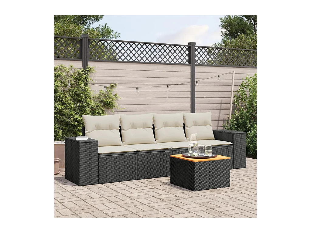 Salon de jardin 5 pcs avec coussins noir résine tressée