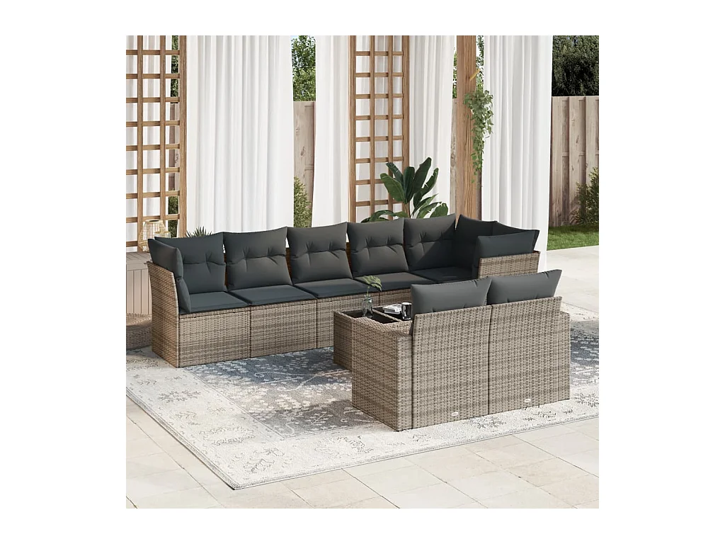 9-delige Loungeset met kussens poly rattan grijs