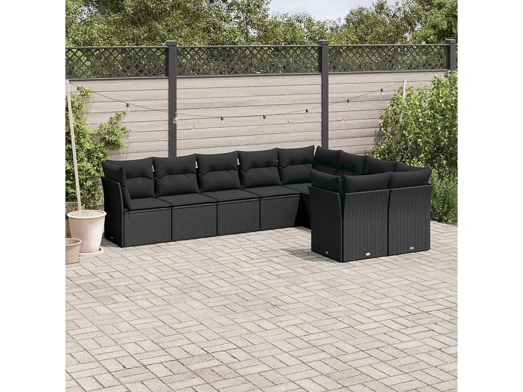 9-delige Loungeset met kussens poly rattan zwart