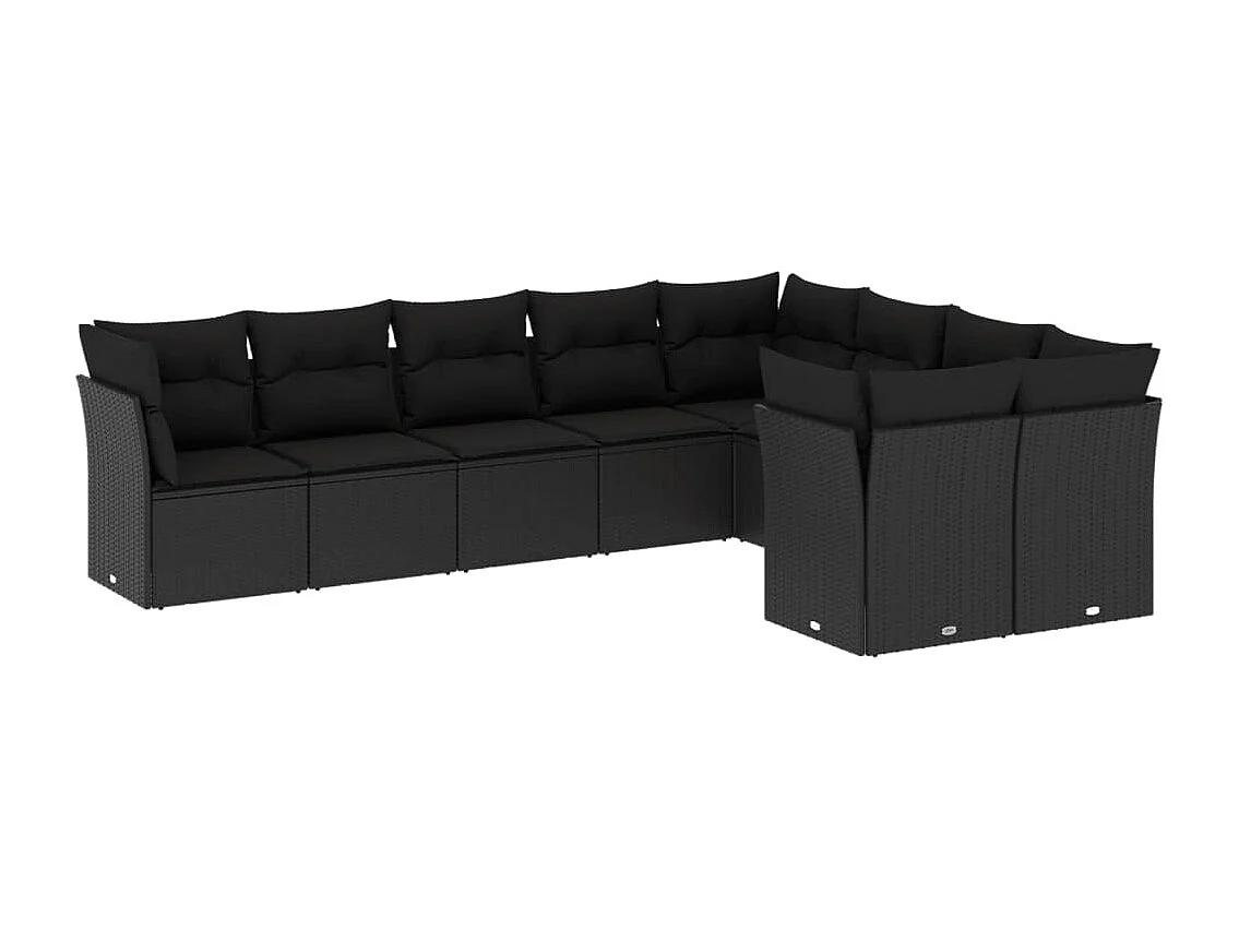 9-delige Loungeset met kussens poly rattan zwart