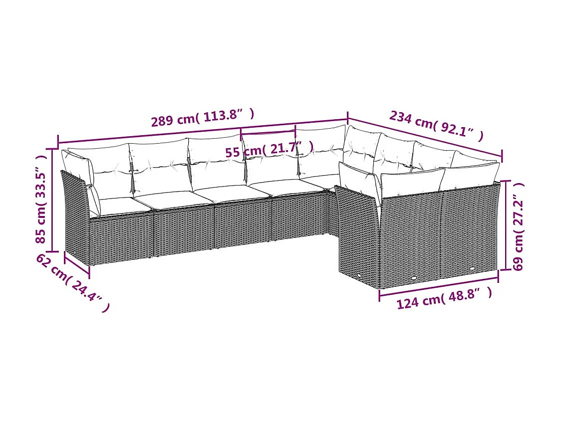 9-delige Loungeset met kussens poly rattan zwart