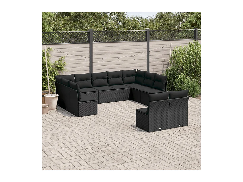 Set de sofás de jardín 11 pzas y cojines ratán sintético negro