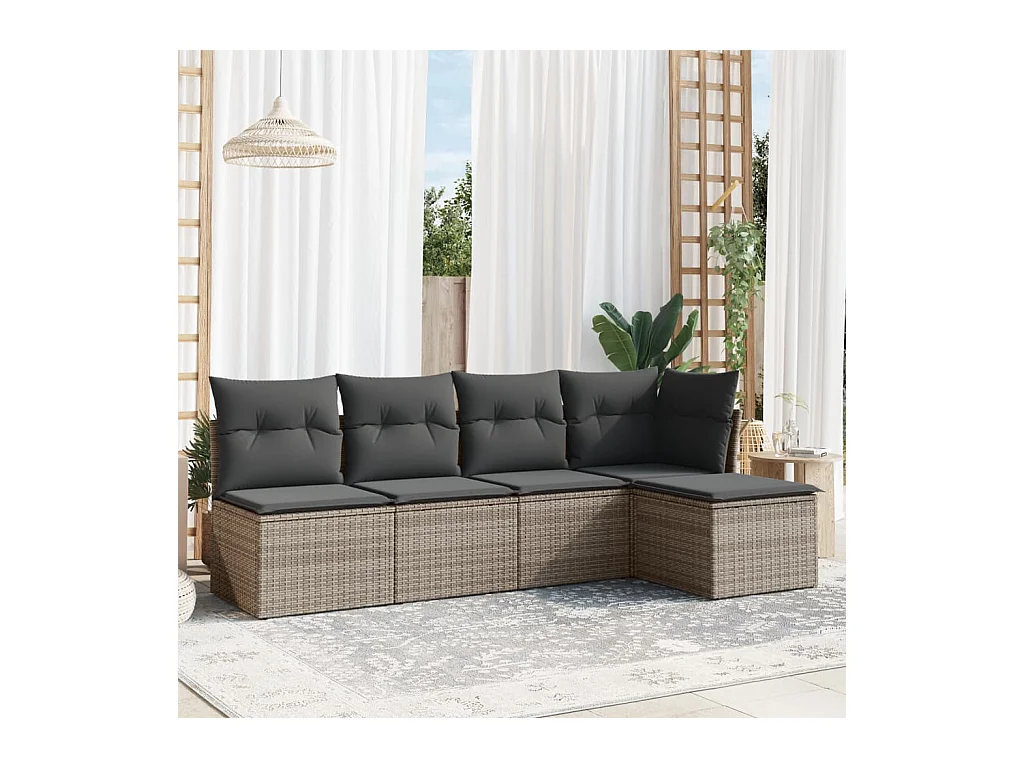 5-tlg. Garten-Sofagarnitur mit Kissen Grau Poly Rattan