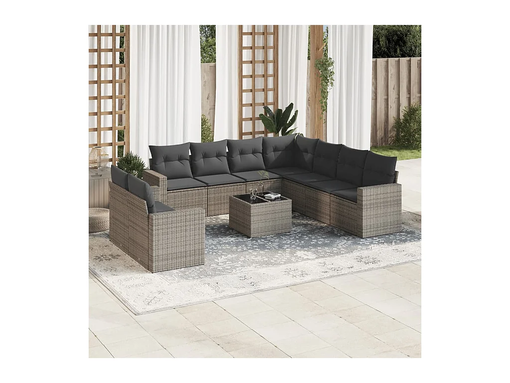 10-delige Loungeset met kussens poly rattan grijs