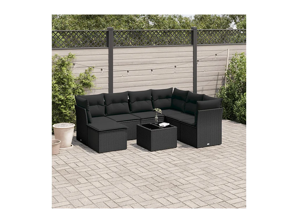 Salon de jardin 8 pcs avec coussins noir résine tressée