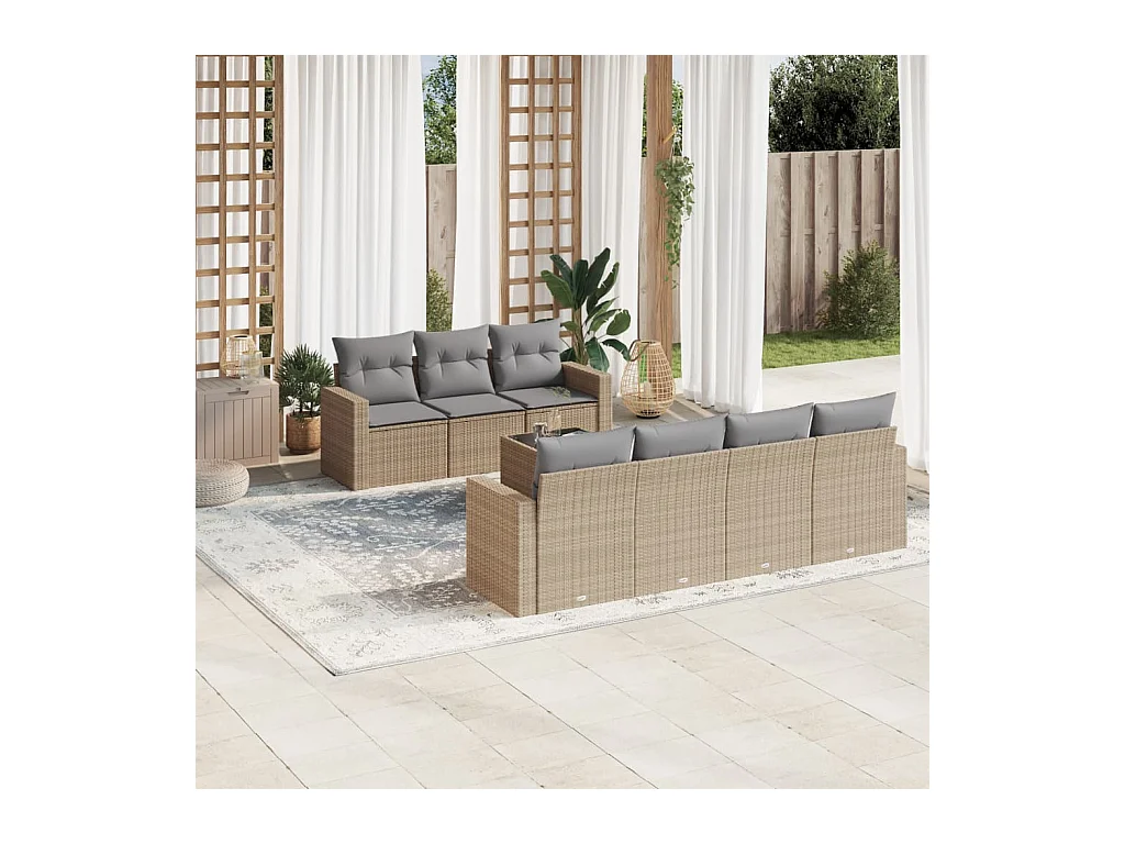 Set Divano da Giardino 8 pz con Cuscini Beige in Polyrattan