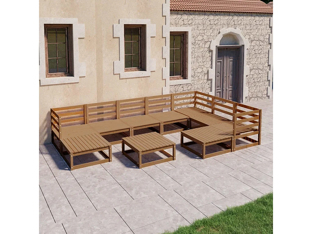 Salon de jardin 10 pcs marron miel bois de pin massif