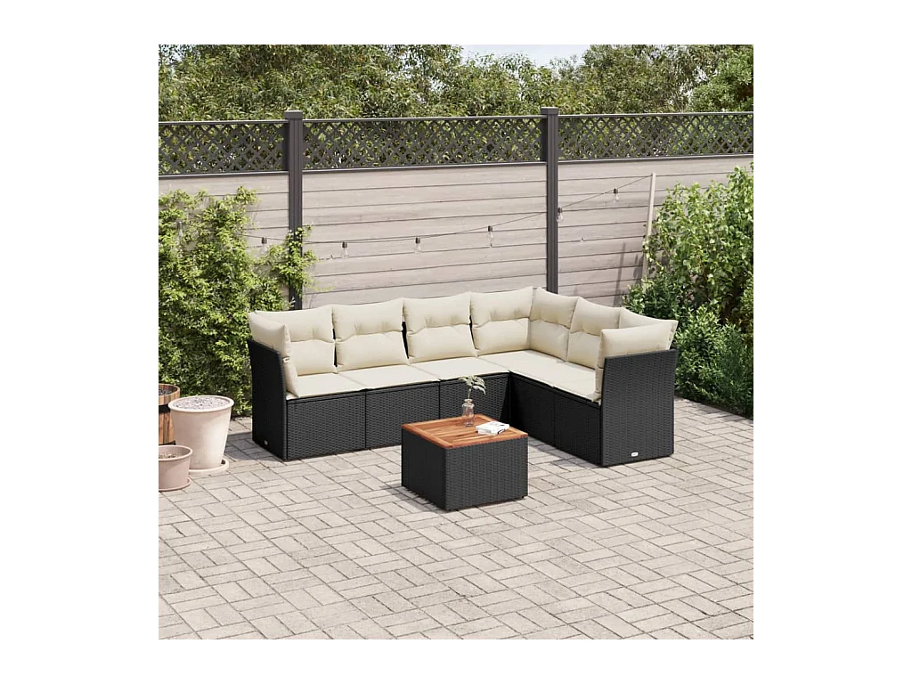 Salon de jardin 7 pcs avec coussins noir résine tressée