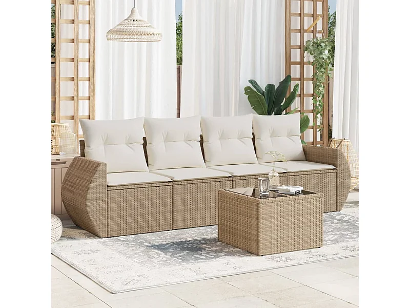 5-delige Loungeset met kussens poly rattan beige