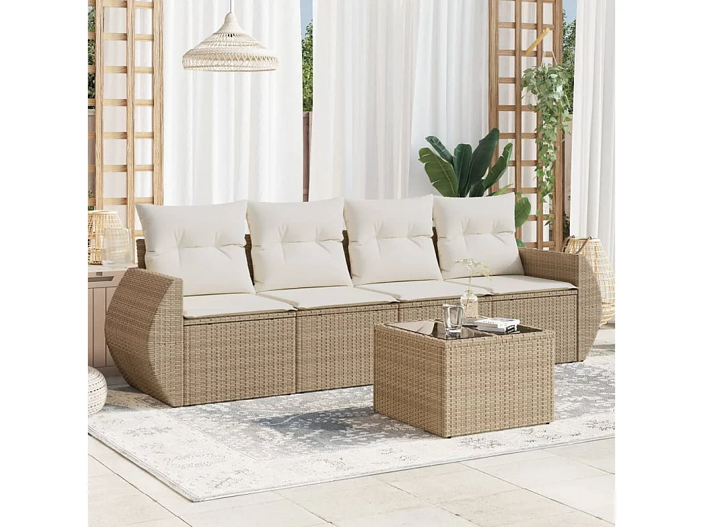 Set Divano da Giardino 5 pz con Cuscini Beige in Polyrattan