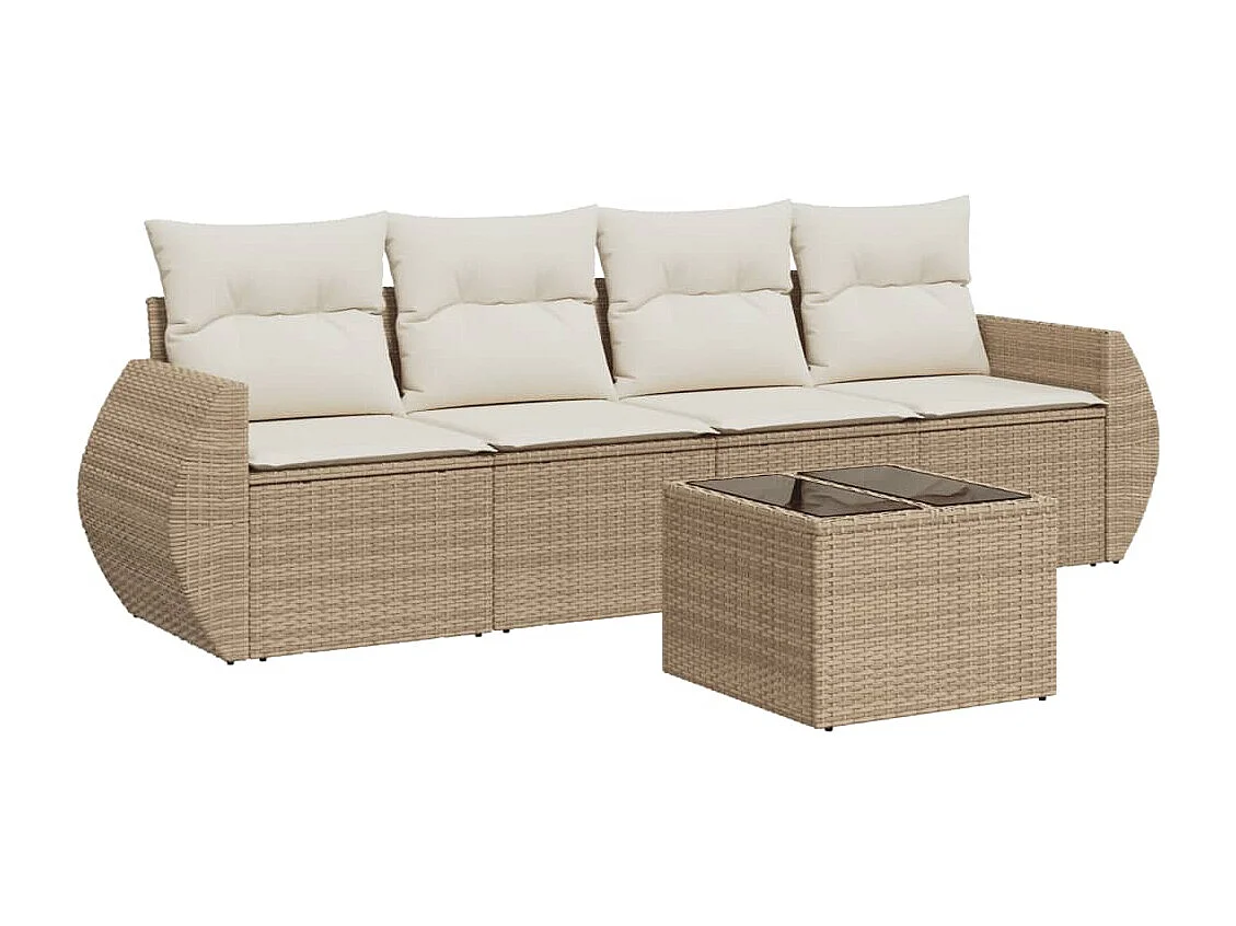 5-delige Loungeset met kussens poly rattan beige