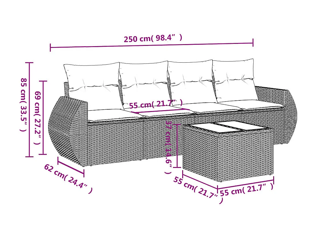 5-delige Loungeset met kussens poly rattan beige