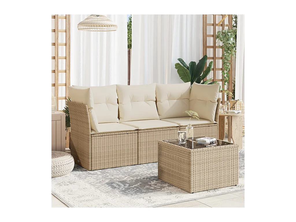 4 pcs conjunto de sofás para jardim c/ almofadões vime PE bege