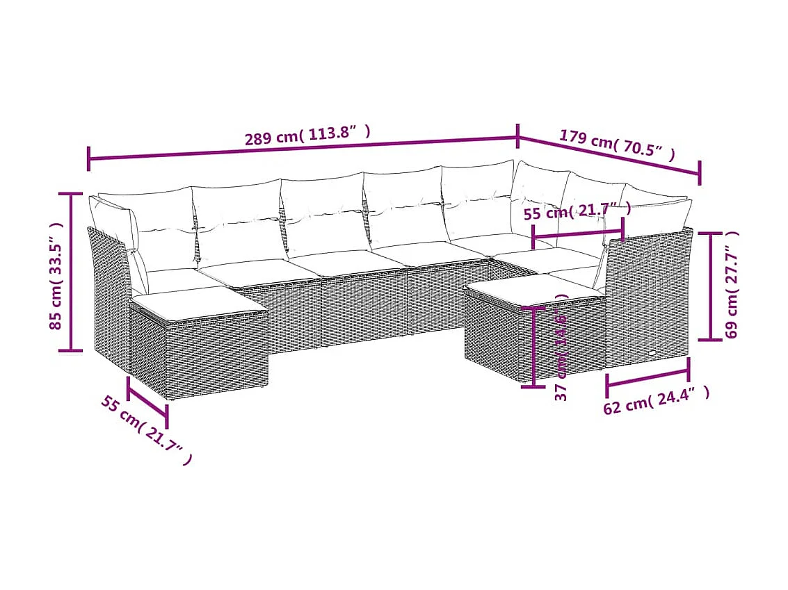Salon de jardin 9 pcs avec coussins noir résine tressée