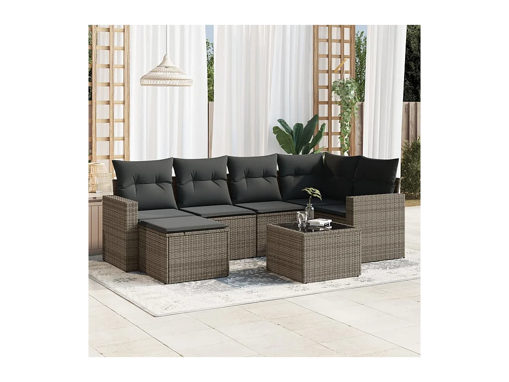 7-tlg. Garten-Sofagarnitur mit Kissen Grau Poly Rattan
