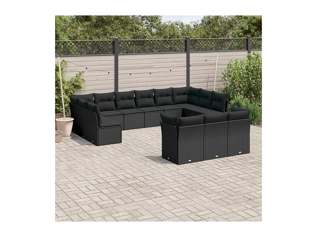 Salon de jardin avec coussins 13 pcs noir résine tressée